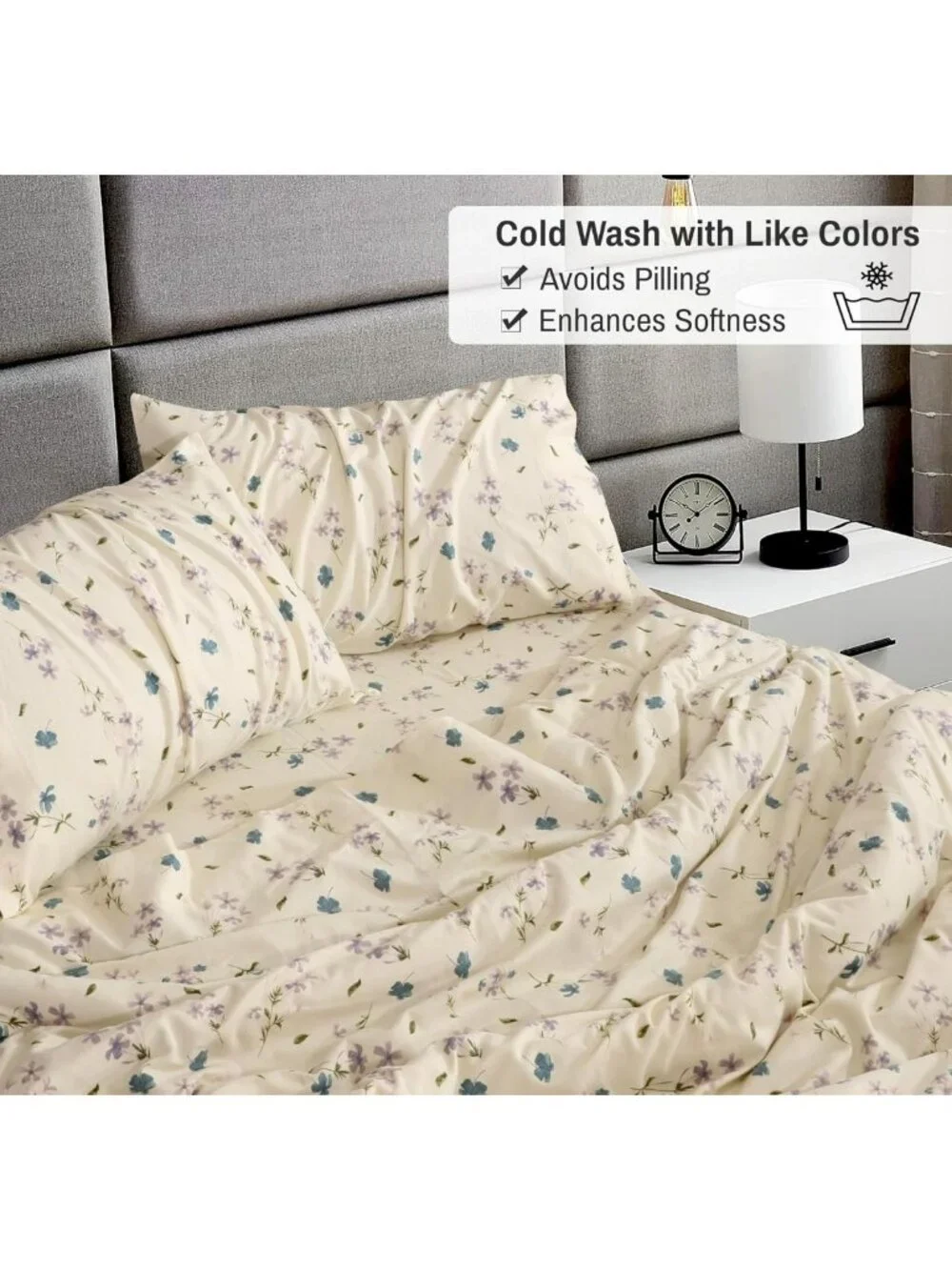 Cozy 100% Cotton Flannel Queen Sheet Set, 4 Pieces, Jasmine Floral Print